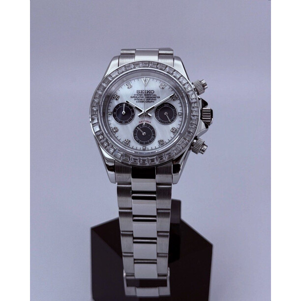 Custom Seiko Mod • White Panda MOP Double Diamond Daytona • 39.5mm